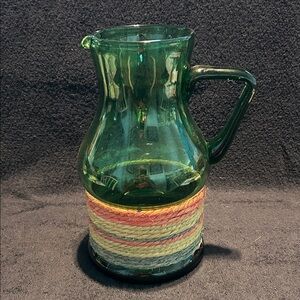 Pitcher, Hand Blown Glass. Emerald Green with rope wrapping. Mid-Century